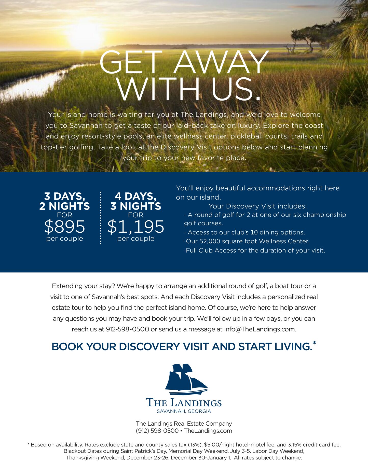 Discovery Visit flier: three days and two nights for $895 per couple, four days and three nights for $1,195 per couple, including a round of golf for two, club dining, and the Wellness Center